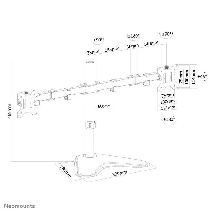 Neomounts Support de Bureau Double FPMA-D550DDBLACK pour 2 Écrans - Montage Inclinable Pivotant Rotatif jusqu'à 32", VESA 100x100, Charge 8 kg, Gestion Câbles