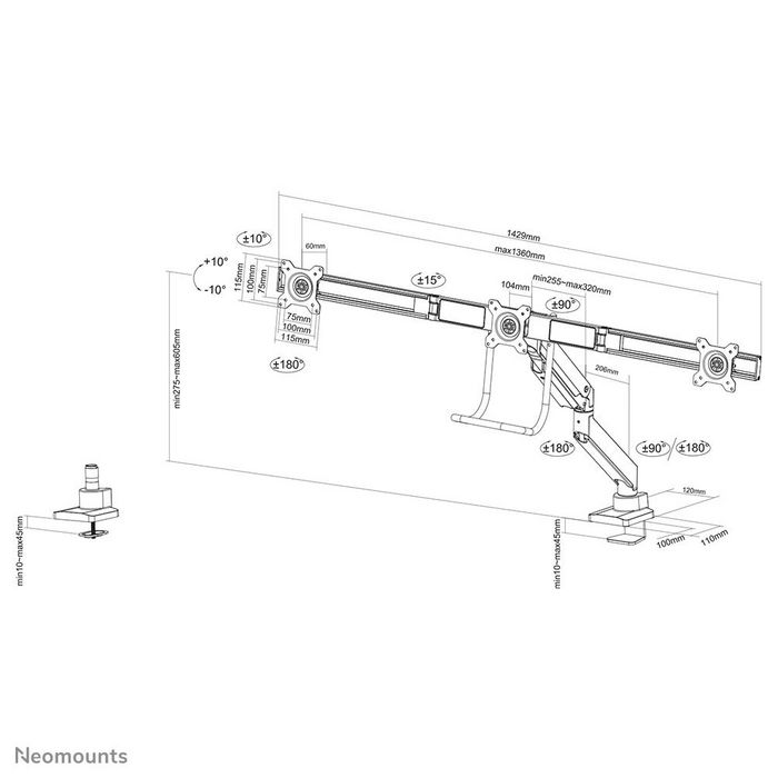 Neomounts NM-D775DX3BLACK - Support de bureau articulé à gaz pour 3 écrans jusqu'à 27" (68,6 cm), pivot 180°, inclinaison 20°, compatible VESA 100x100/75x75 mm - Noir Neomounts NM-D775DX3BLACK - Support de bureau articulé à gaz pour 3 écrans jusqu'à 27" (68,6 cm), pivot 180°, inclinaison 20°, compatible VESA 100x100/75x75 mm - Noir