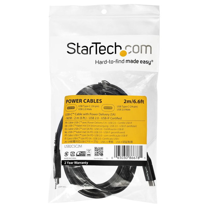 StarTech.com Câble USB-C vers USB-C 2m Noir (100W/5A)