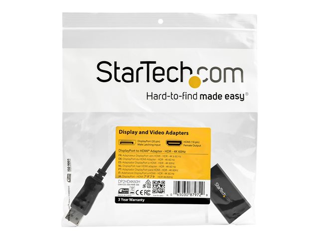 Startechcom Adaptateur DisplayPort vers HDMI 4K HDR, DP mâle vers HDMI femelle, noir
