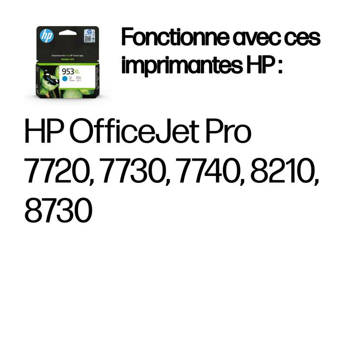 HP Cartouche d'encre Cyan Grande Capacité 953XL Authentique pour OfficeJet Pro 7720, 7730, 7740, 8210, 8730 - Environ 1450 pages HP Cartouche d'encre Cyan Grande Capacité 953XL Authentique pour OfficeJet Pro 7720, 7730, 7740, 8210, 8730 - Environ 1450 pages