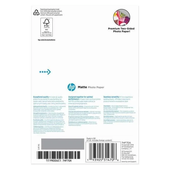 HP Papier Photo Mat - 180 g/m² - 10 x 15 cm - Paquet de 25 Feuilles - 7HF70A