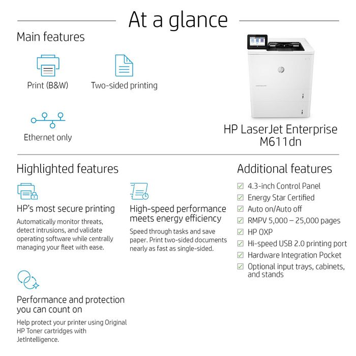 HP LaserJet Enterprise M611dn - Imprimante Laser Noire Réseau, 65 ppm, A4, 1200 x 1200 dpi, 512 Mo, JetIntelligence HP LaserJet Enterprise M611dn - Imprimante Laser Noire Réseau, 65 ppm, A4, 1200 x 1200 dpi, 512 Mo, JetIntelligence