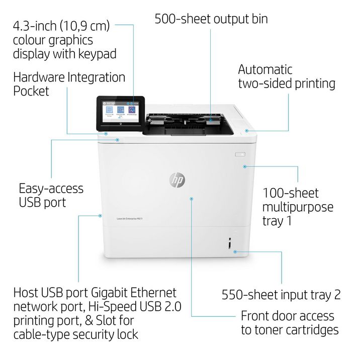 HP LaserJet Enterprise M611dn - Imprimante Laser Noire Réseau, 65 ppm, A4, 1200 x 1200 dpi, 512 Mo, JetIntelligence HP LaserJet Enterprise M611dn - Imprimante Laser Noire Réseau, 65 ppm, A4, 1200 x 1200 dpi, 512 Mo, JetIntelligence