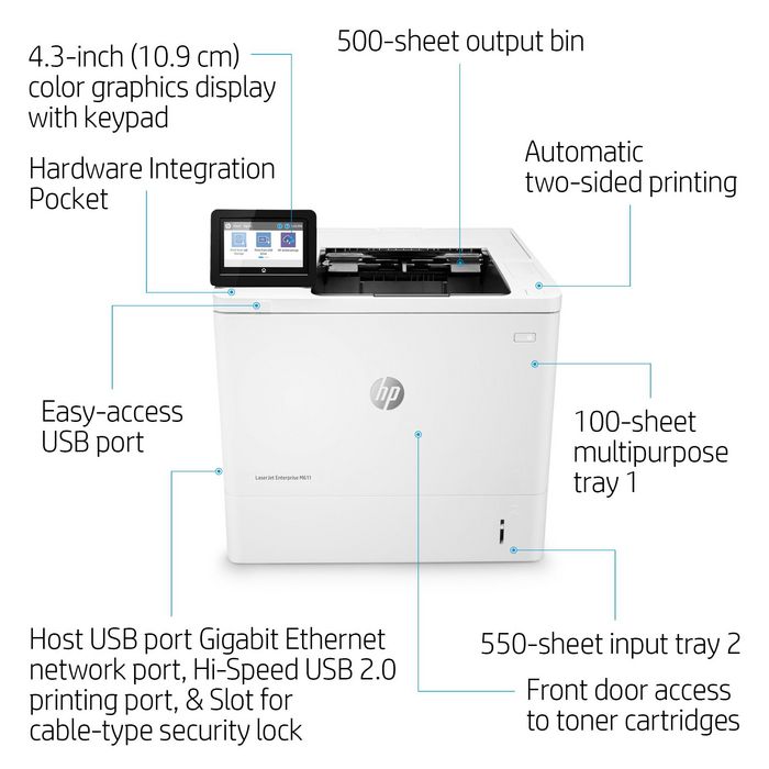 HP LaserJet Enterprise M611dn - Imprimante Laser Noire Réseau, 65 ppm, A4, 1200 x 1200 dpi, 512 Mo, JetIntelligence HP LaserJet Enterprise M611dn - Imprimante Laser Noire Réseau, 65 ppm, A4, 1200 x 1200 dpi, 512 Mo, JetIntelligence