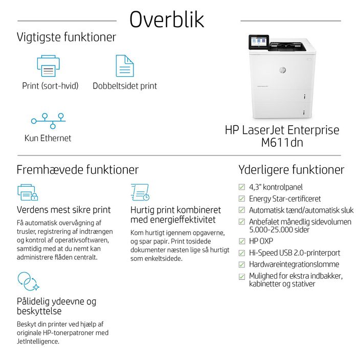 HP LaserJet Enterprise M611dn - Imprimante Laser Noire Réseau, 65 ppm, A4, 1200 x 1200 dpi, 512 Mo, JetIntelligence HP LaserJet Enterprise M611dn - Imprimante Laser Noire Réseau, 65 ppm, A4, 1200 x 1200 dpi, 512 Mo, JetIntelligence