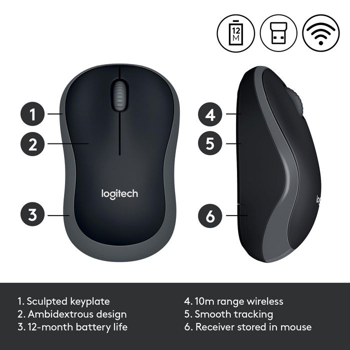 Logitech M185 Souris Sans Fil USB - Noir avec Rétroéclairage - Autonomie de 1 An - Compacte et Ambidextre pour Ordinateur Portable et PC