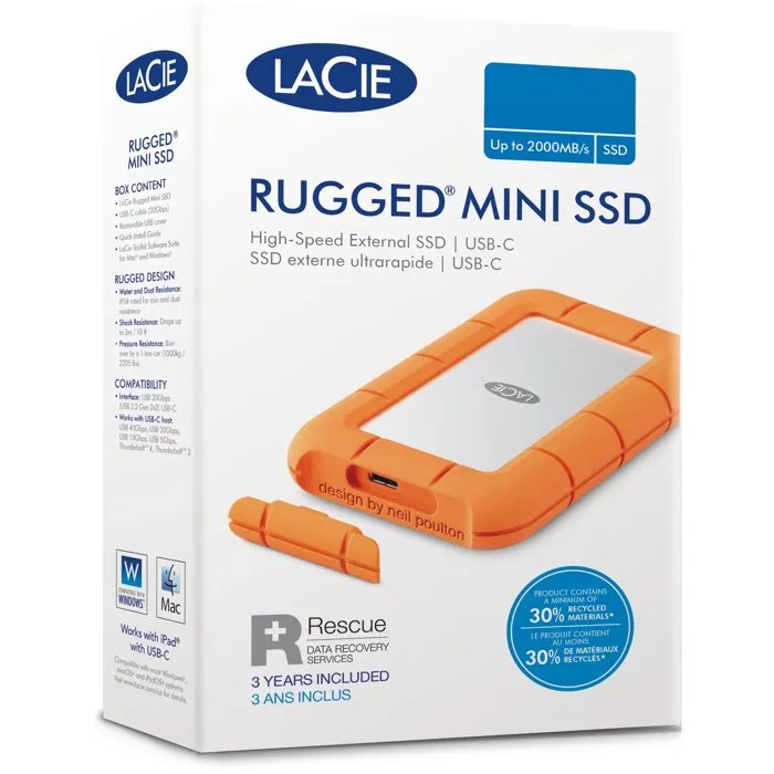 LaCie Disque Dur Externe Rugged Mini STJJ5000400 - 5 To - USB 3.2 Gen 1 - Résistant aux Chocs - Orange