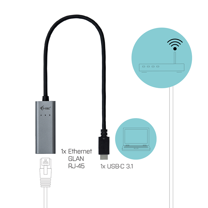 I-Tec Adaptateur Réseau USB-C vers Gigabit Ethernet RJ-45, 10/100/1000 Mbps, pour PC, Mac, Android