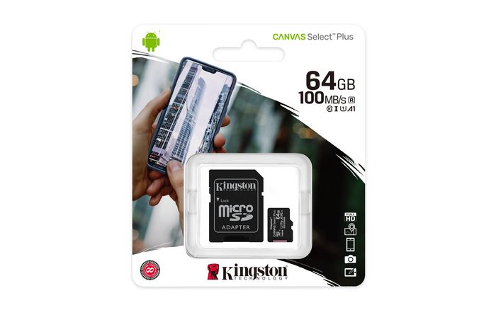 Carte mémoire microSDXC Kingston Canvas Select Plus 64 GB - UHS-I, Classe 10, Application Performance Class A1 (A1) pour appareils Android - avec adaptateur SD inclus