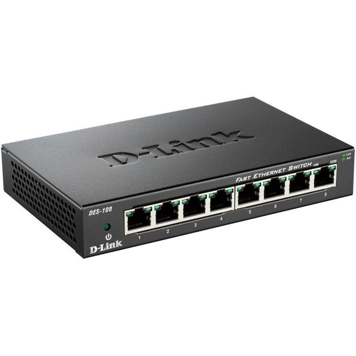 D-Link Commutateur Fast Ethernet 8 Ports 10/100 DES-108, Non Géré, Métal, Plug and Play, Silencieux, QoS, Économe en Énergie