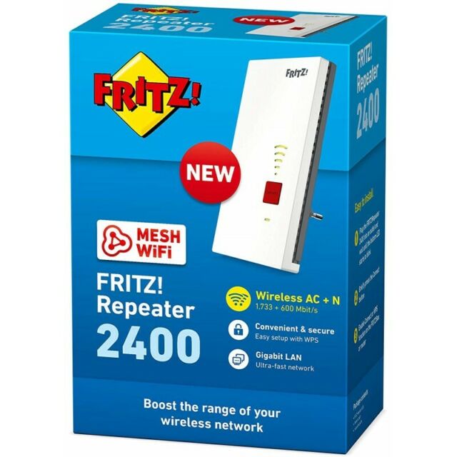 Fritz 2400Mbps Répéteur WiFi Extenseur de Couverture Mesh Double Bande, 1 Port Gigabit LAN, Compatible avec FRITZ!Box, WPS