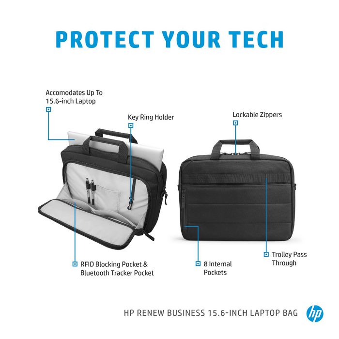 HP Sacoche pour ordinateur portable Renew Business 15,6 pouces - Sacoche anti-RFID avec poche pour traceur Bluetooth en matériaux 100% recyclés et océaniques
