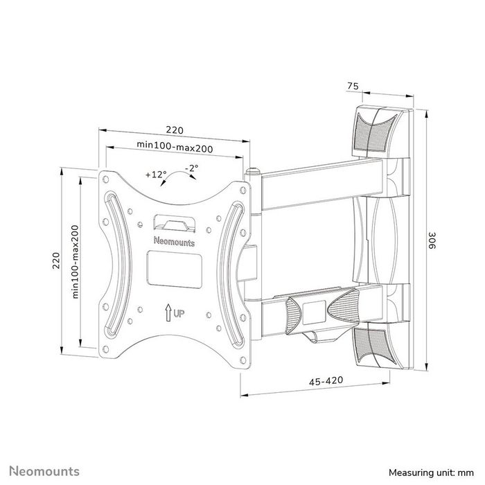Neomounts WL40-550BL12 Support Mural TV Orientable pour Écran 32 à 55 Pouces, Compatible VESA 100x100 à 200x200 mm, Inclinaison et Pivot, Gestion des Câbles, Noir