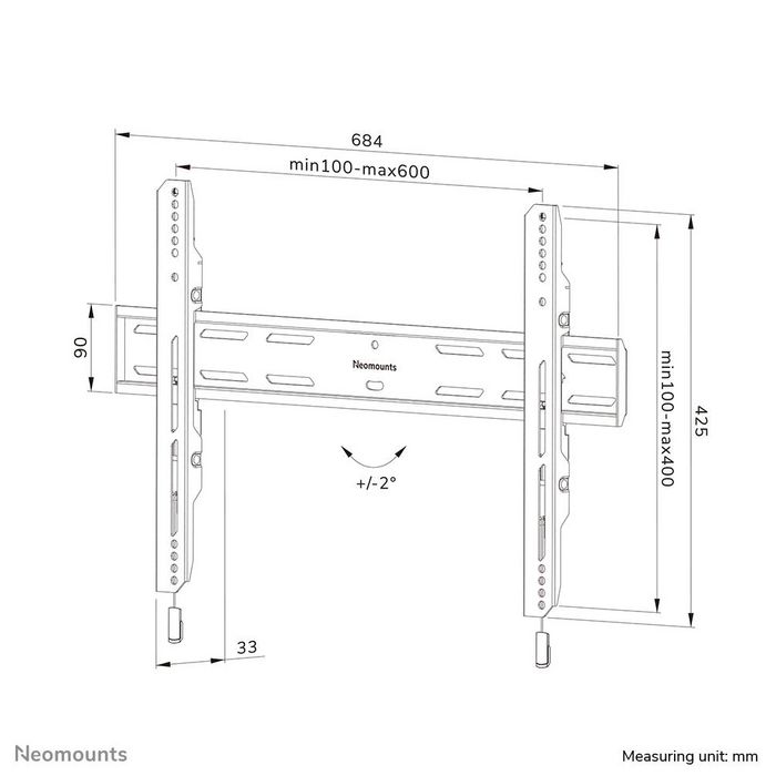 Neomounts WL30S-850BL16 Support mural fixe pour écran plat TV 42 à 86 pouces, VESA 100x100 à 600x400 mm, capacité 60 kg, réglage hauteur, noir