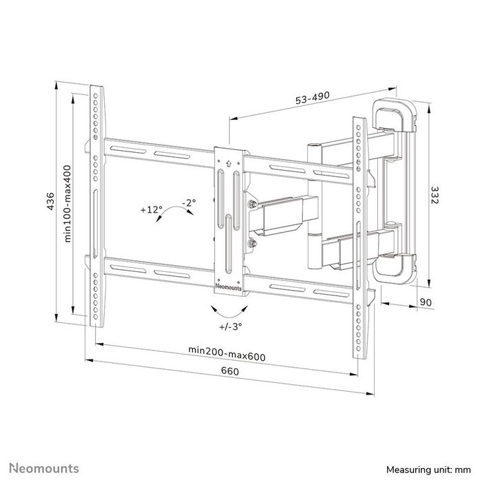 Neomounts Support Mural Orientable LEVEL-550 pour Téléviseurs 40 à 65 pouces - Noir, Inclinaison, Pivot, Gestion Câbles, VESA 200x100 à 600x400 mm, Charge 40 kg