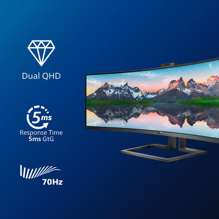 Philips 499P9H Moniteur incurvé 49 pouces 5K UltraWide Dual Quad HD 5120x1440 32:9 VA HDR400 USB-C 90W KVM Webcam FHD