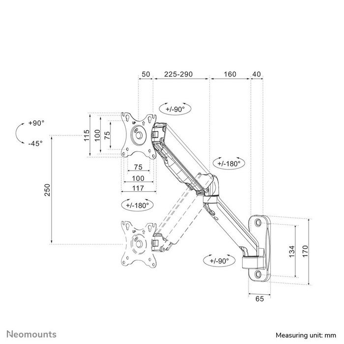 Neomounts WL70-450BL11 Support mural orientable pour TV / écran 17 à 32 pouces - Rotation 360°, inclinaison 135°, pivot 180°, VESA 75x75-100x100, noir