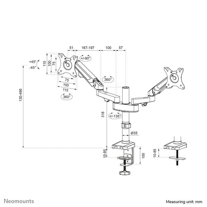 Neomounts DS70-750BL2 Support de Bureau Double pour Écrans de 17 à 27 Pouces, Noir, Mouv. Complet, VESA 75/100, Charge 7 kg par Écran