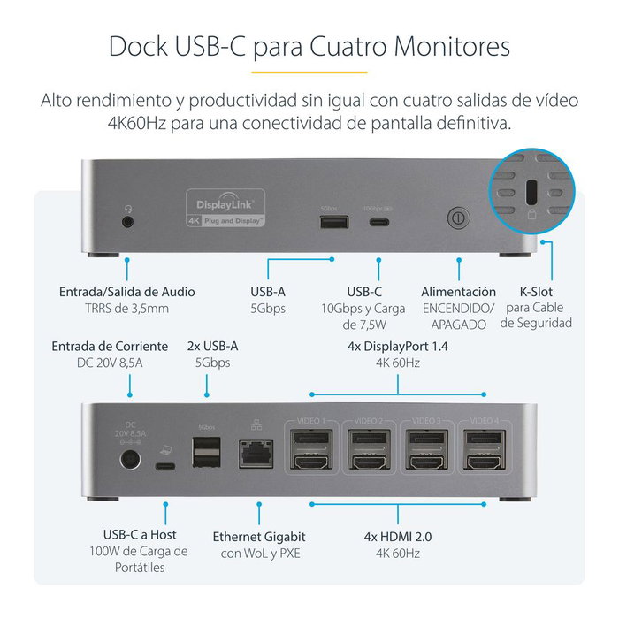 Startech Docking Station 15-en-1, quadruple écran, DisplayPort, HDMI, USB-C 3.2, Power Delivery 100W Startech Docking Station 15-en-1, quadruple écran, DisplayPort, HDMI, USB-C 3.2, Power Delivery 100W
