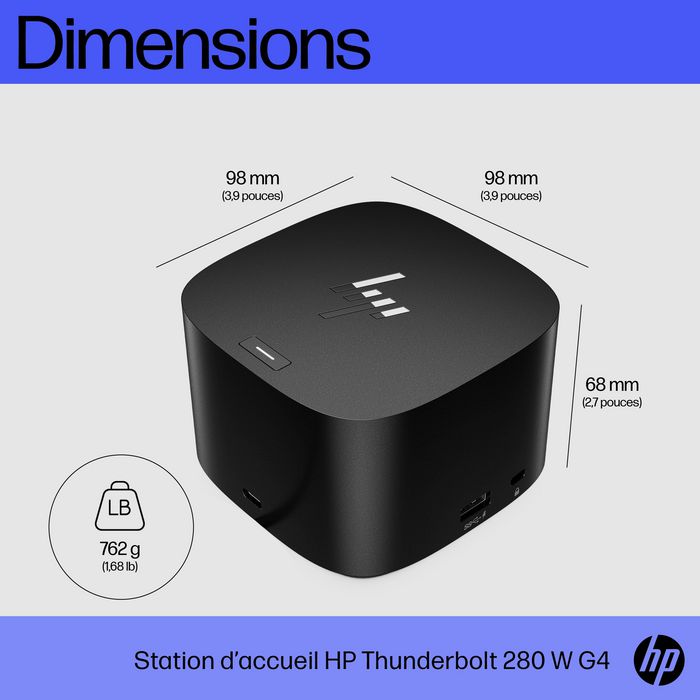 HP Station d'accueil Thunderbolt 4 G4 280 W avec câble combo - Compatible multi-marques, jusqu'à 4 écrans 4K, ports multiples (USB-C, HDMI, DisplayPort, USB-A, RJ45)