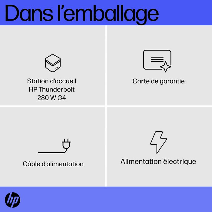 HP Station d'accueil Thunderbolt 4 G4 280 W avec câble combo - Compatible multi-marques, jusqu'à 4 écrans 4K, ports multiples (USB-C, HDMI, DisplayPort, USB-A, RJ45)