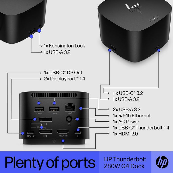 HP Station d'accueil Thunderbolt 4 G4 280 W avec câble combo - Compatible multi-marques, jusqu'à 4 écrans 4K, ports multiples (USB-C, HDMI, DisplayPort, USB-A, RJ45)