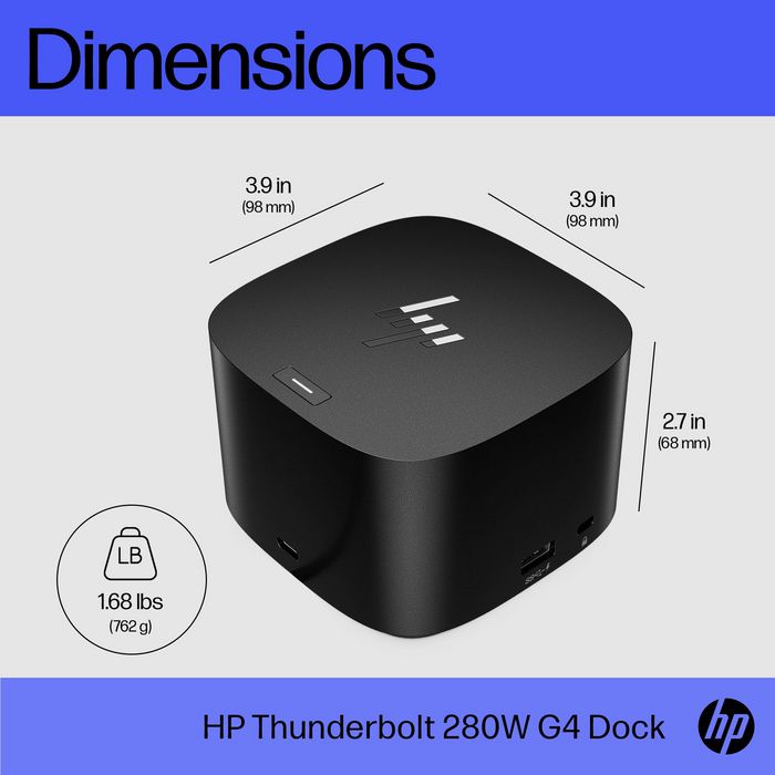 HP Station d'accueil Thunderbolt 4 G4 280 W avec câble combo - Compatible multi-marques, jusqu'à 4 écrans 4K, ports multiples (USB-C, HDMI, DisplayPort, USB-A, RJ45)