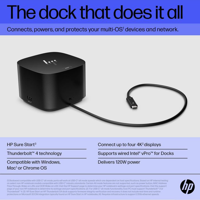 HP Station d'accueil Thunderbolt 4 120 W G4 - Pour PC et Mac - 4 écrans 4K, ports multiples (USB-C, HDMI, DisplayPort, USB-A, RJ45), technologie Intel vPro