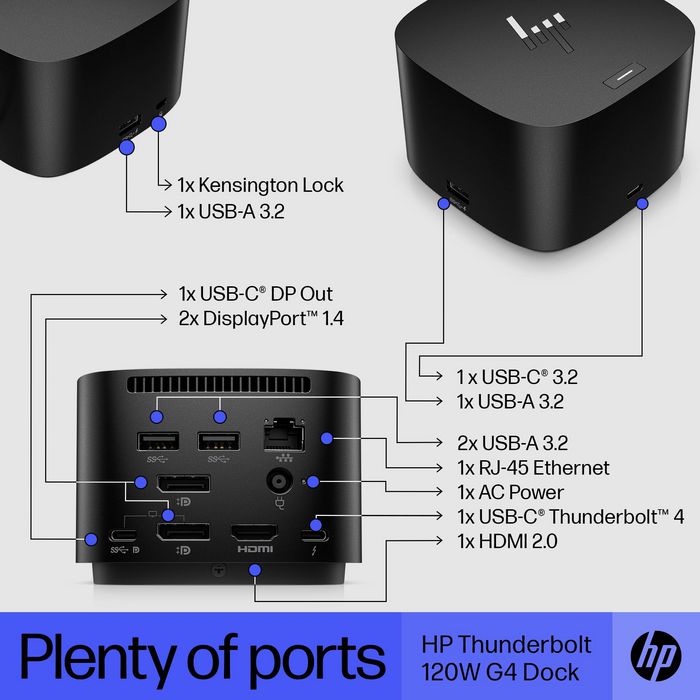 HP Station d'accueil Thunderbolt 4 120 W G4 - Pour PC et Mac - 4 écrans 4K, ports multiples (USB-C, HDMI, DisplayPort, USB-A, RJ45), technologie Intel vPro
