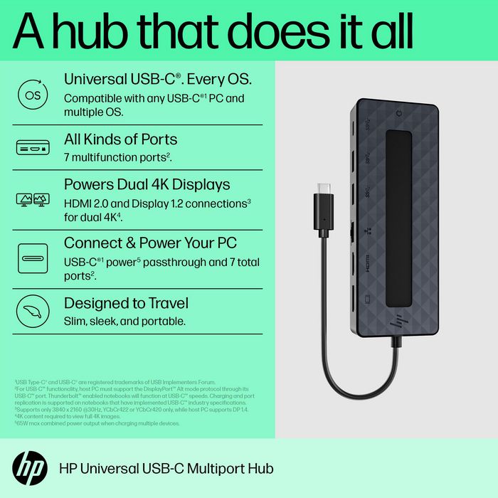 HP Concentrateur multiport universel USB-C avec 7 ports, HDMI 2.0, DisplayPort et câble passthrough pour PC et écrans 4K
