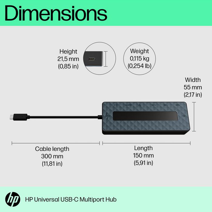 HP Concentrateur multiport universel USB-C avec 7 ports, HDMI 2.0, DisplayPort et câble passthrough pour PC et écrans 4K