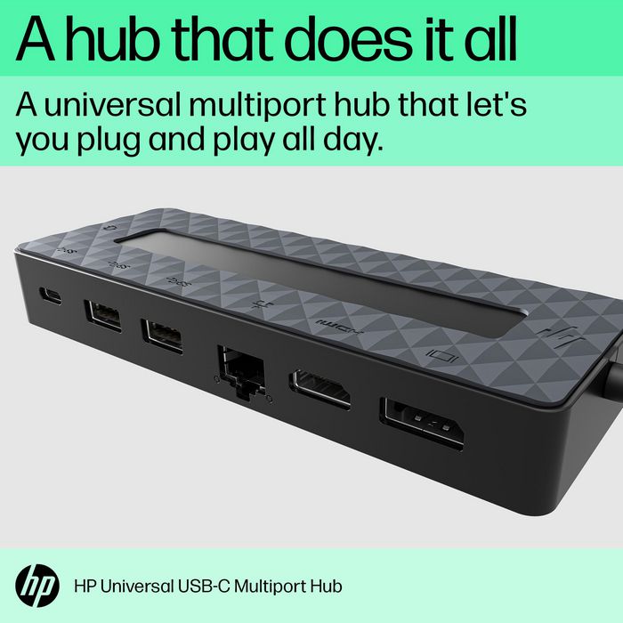 HP Concentrateur multiport universel USB-C avec 7 ports, HDMI 2.0, DisplayPort et câble passthrough pour PC et écrans 4K