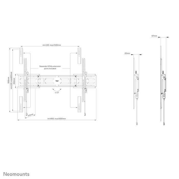 Neomounts WL30S-950BL19 Support mural fixe pour écran TV 55 à 110 pouces (jusqu'à 160 kg) - Compatible VESA 100x100 à 1500x900 mm avec système magnétique pull & release - Noir