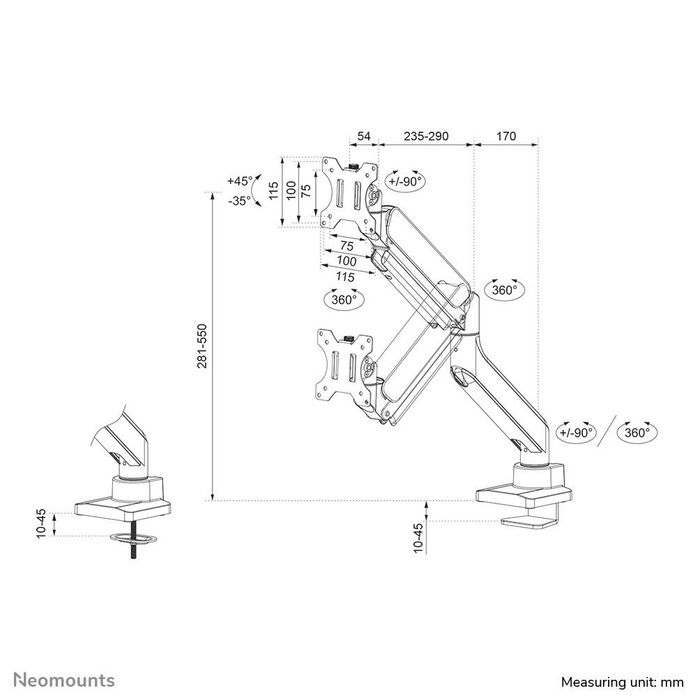 Neomounts DS70-450BL1 Support de Bureau à Pivot Complet pour Écran 17 à 42", Max 15 kg, VESA 100x100, Réglage Hauteur Gaz, Noir