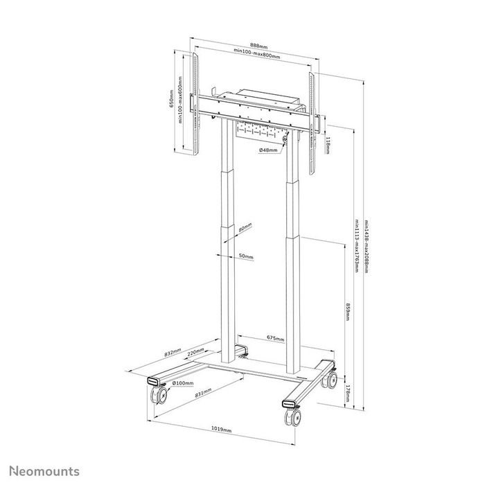 Neomounts FL55-875BL1 Support de sol motorisé pour écrans de 55 à 100 pouces, chariot mobile réglable en hauteur avec télécommande et système anti-collision - Noir