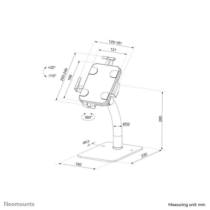 Neomounts DS15-625BL1 Support de Tablette à Poser Inclinable et Rotatif 360° pour Tablettes 7,9-11" - Noir