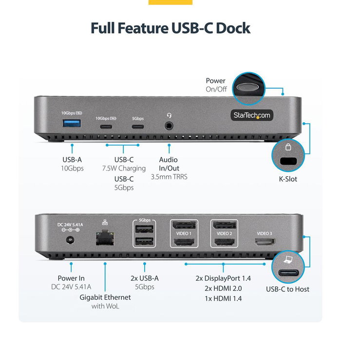 StarTech.com 116E-USBC-DOCK Station d'accueil USB-C 13-en-1 Triple 4K DisplayLink Power Delivery 100W StarTech.com 116E-USBC-DOCK Station d'accueil USB-C 13-en-1 Triple 4K DisplayLink Power Delivery 100W
