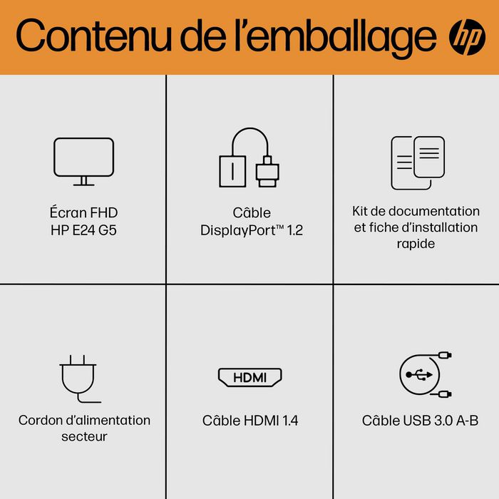 HP Écran E24 G5 - 23,8 Pouces FHD (1920x1080) IPS - 75 Hz - Réglage Hauteur/Pivot - Micro-bordure 3 côtés - Connectivité complète - HP Eye Ease
