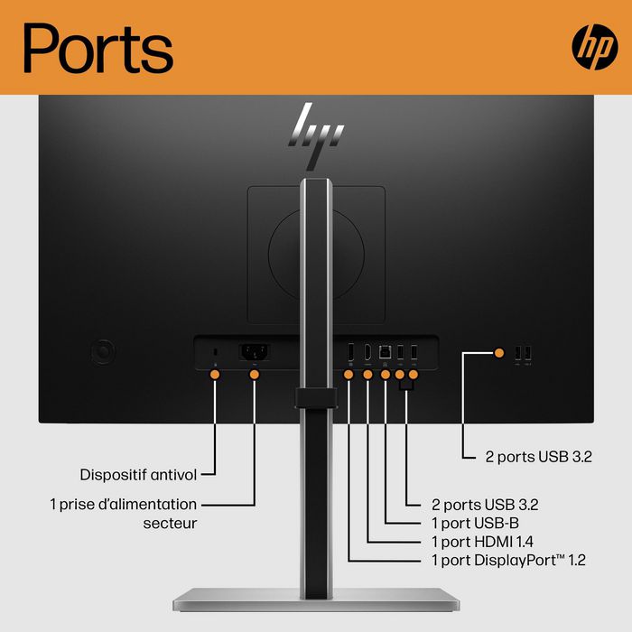 HP Écran E24 G5 - 23,8 Pouces FHD (1920x1080) IPS - 75 Hz - Réglage Hauteur/Pivot - Micro-bordure 3 côtés - Connectivité complète - HP Eye Ease