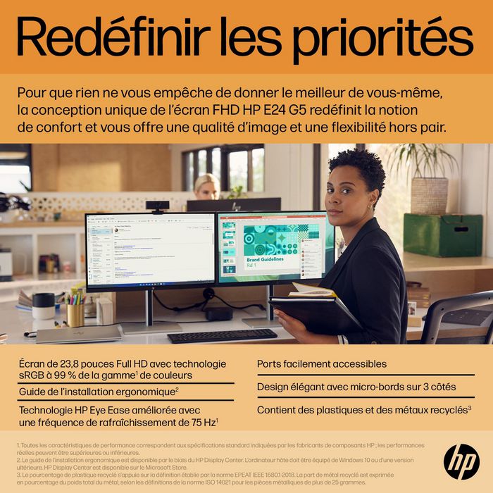 HP Écran E24 G5 - 23,8 Pouces FHD (1920x1080) IPS - 75 Hz - Réglage Hauteur/Pivot - Micro-bordure 3 côtés - Connectivité complète - HP Eye Ease
