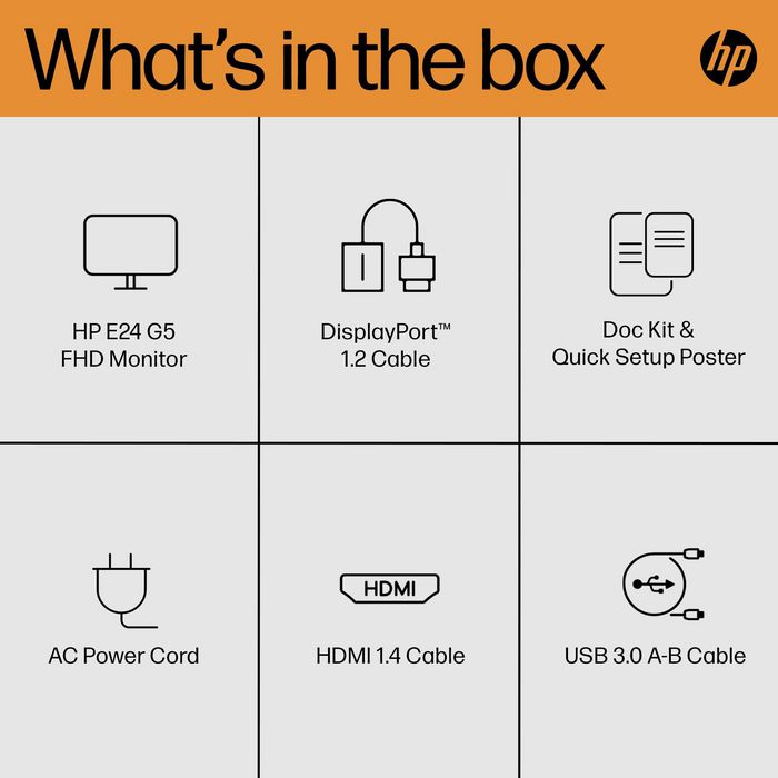 HP Écran E24 G5 - 23,8 Pouces FHD (1920x1080) IPS - 75 Hz - Réglage Hauteur/Pivot - Micro-bordure 3 côtés - Connectivité complète - HP Eye Ease