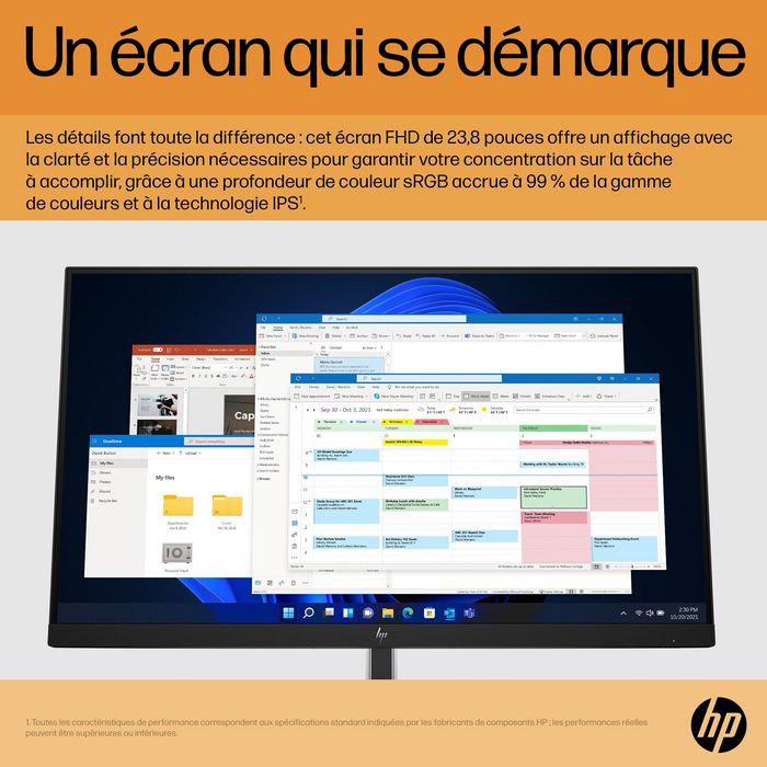 HP Écran E24 G5 - 23,8 Pouces FHD (1920x1080) IPS - 75 Hz - Réglage Hauteur/Pivot - Micro-bordure 3 côtés - Connectivité complète - HP Eye Ease