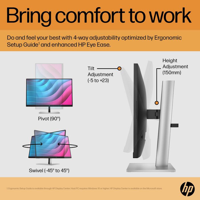 HP Écran E24 G5 - 23,8 Pouces FHD (1920x1080) IPS - 75 Hz - Réglage Hauteur/Pivot - Micro-bordure 3 côtés - Connectivité complète - HP Eye Ease