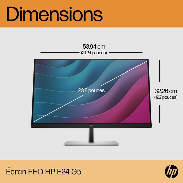 HP Écran E24 G5 - 23,8 Pouces FHD (1920x1080) IPS - 75 Hz - Réglage Hauteur/Pivot - Micro-bordure 3 côtés - Connectivité complète - HP Eye Ease