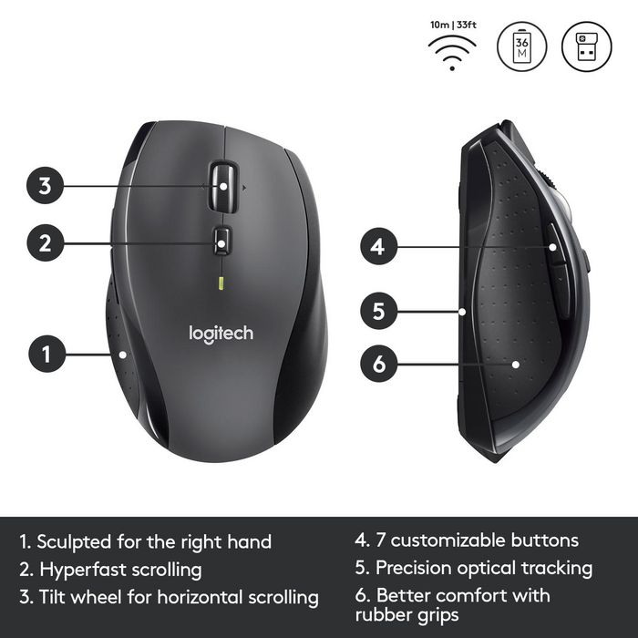 Logitech M705 Souris Sans Fil Marathon avec 3 Ans d'Autonomie, Défilement Rapide, Récépteur USB Unifying, pour Windows et Mac