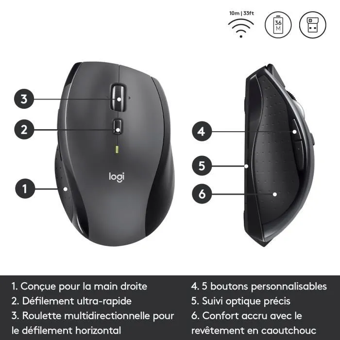 Logitech M705 Marathon - Souris sans fil laser - Autonomie pile 3 ans - Molette de défilement - 7 boutons programmables - Couleur gris