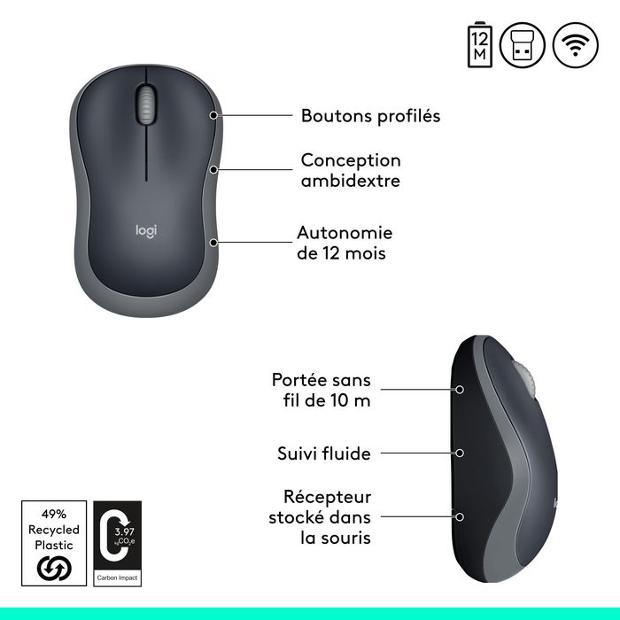 Logitech M185 Souris Sans Fil Optique Gris - 1 An d'Autonomie, Nano Récepteur USB, Compatible Windows/Mac, Ambidextre Logitech M185 Souris Sans Fil Optique Gris - 1 An d'Autonomie, Nano Récepteur USB, Compatible Windows/Mac, Ambidextre