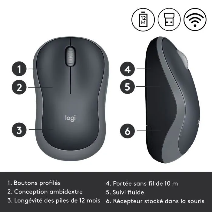 Logitech M185 Souris sans fil Ambidextre Gris