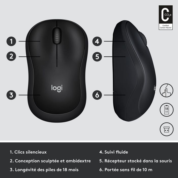 Logitech M220 Silent Souris Sans Fil Silencieuse, USB Nano, Capteur Optique 1000 dpi, Ambidextre, Autonomie 18 Mois, Charbon